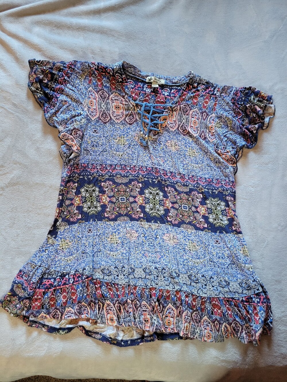 Unity World Wear | Boho Lace-Up Mixed Print Women's Top in Blue and Navy